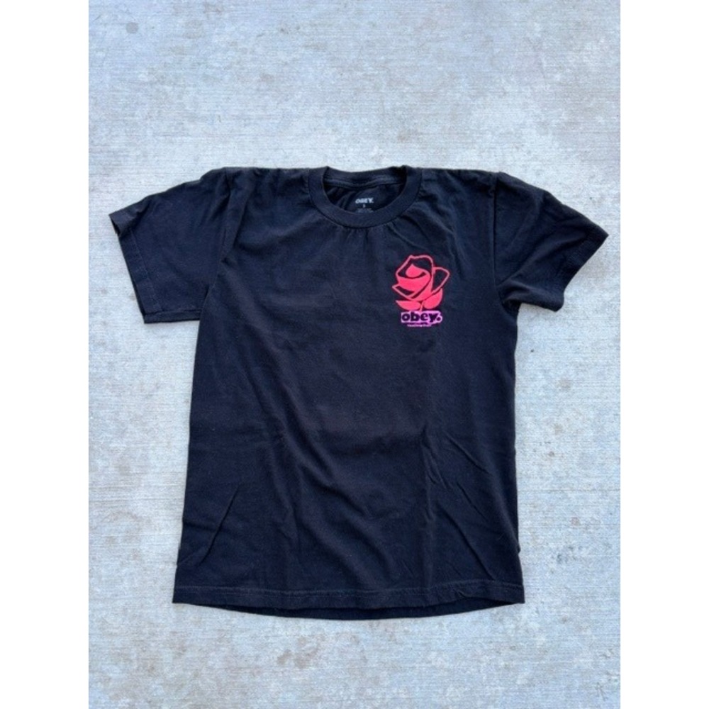 Obey Visual Design Studio Black Rose Graphic T-Shirt Pink Red Small Womens